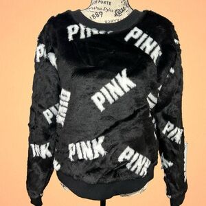 Pink VS Black Faux Fur Crewneck Pullover Sweater With White Pink Logo Small